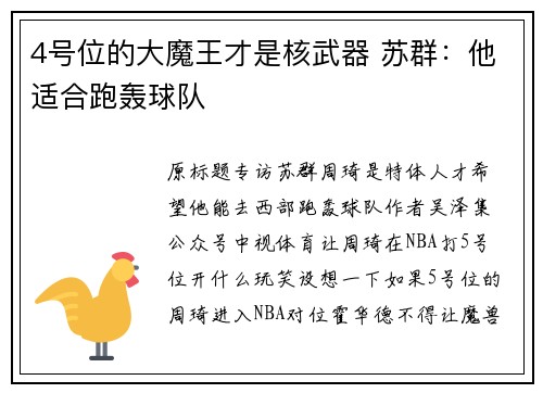 4号位的大魔王才是核武器 苏群：他适合跑轰球队