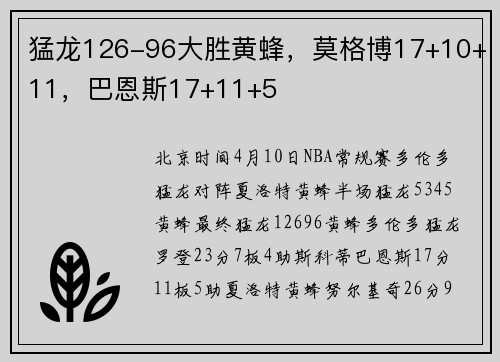 猛龙126-96大胜黄蜂，莫格博17+10+11，巴恩斯17+11+5